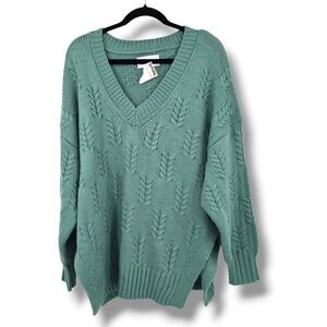 NEW Lucky Brand V-Neck Knit Sweater‎ Pullover Textured Green Casual Size L